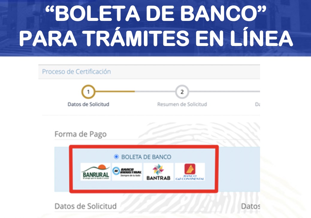 Boleta de banco para trámites en línea de RENAP